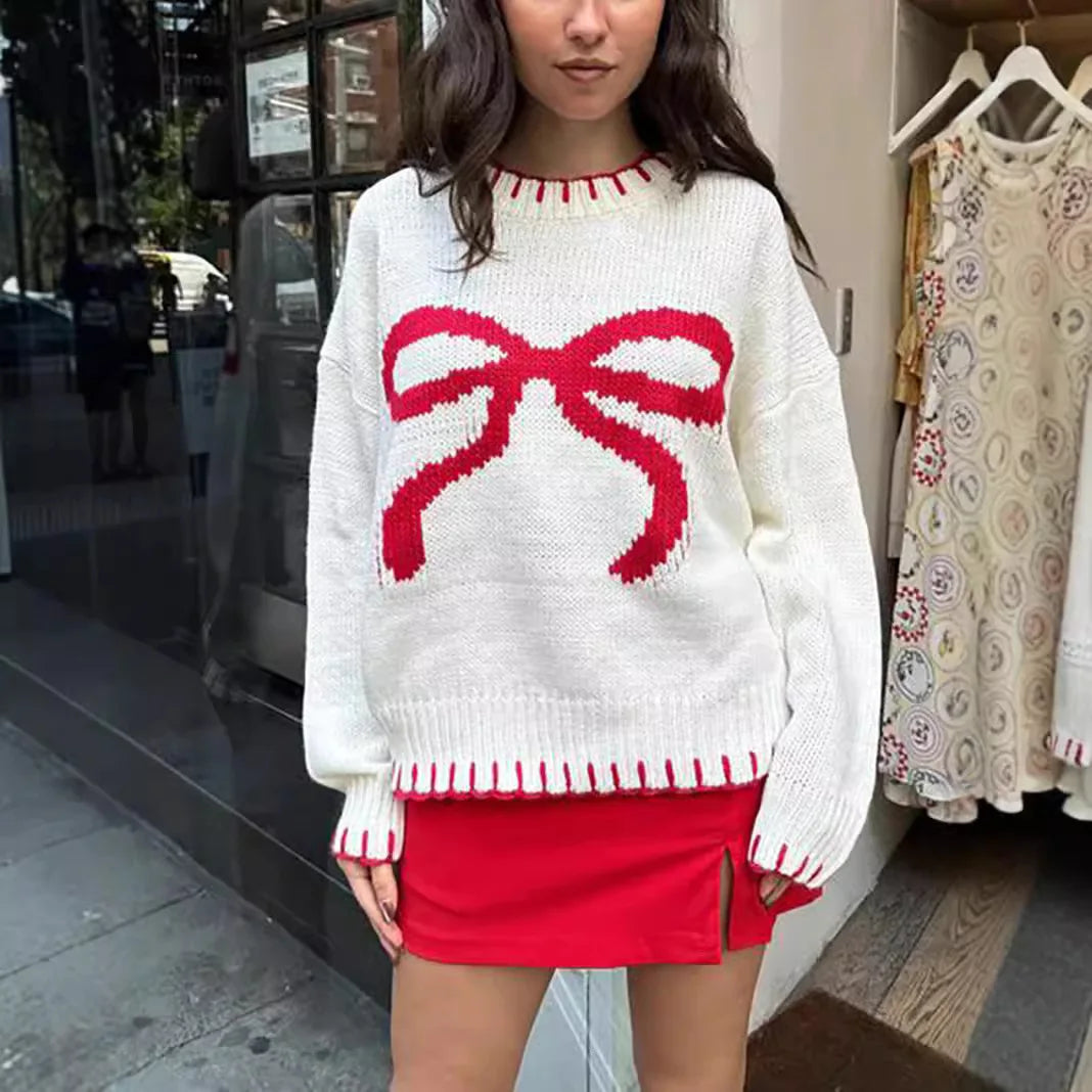 maoxiangshop - Bow Jacquard Loose Sweater Women's Autumn/Winter Casual Color Contrasting Knitted Knitted Pullovers Fashion Streetwear