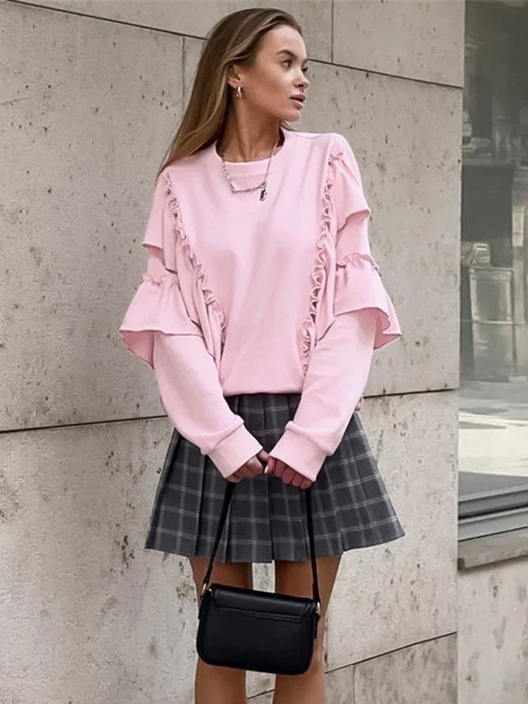 maoxiangshop - Autumn Knit Ruffled Pullover Women's Patchwork Fashion Loose Solid High Waist Knitwear Sweatshirts Female Elegant Hoodies