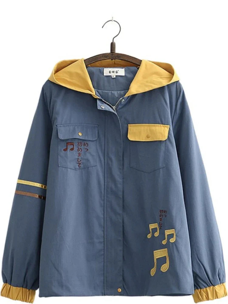 Women Hooded Jackets Cartoon Embroidery Long Sleeve Zipper Coats Autumn Sweet Style Cotton Casual Harakuju Outwears