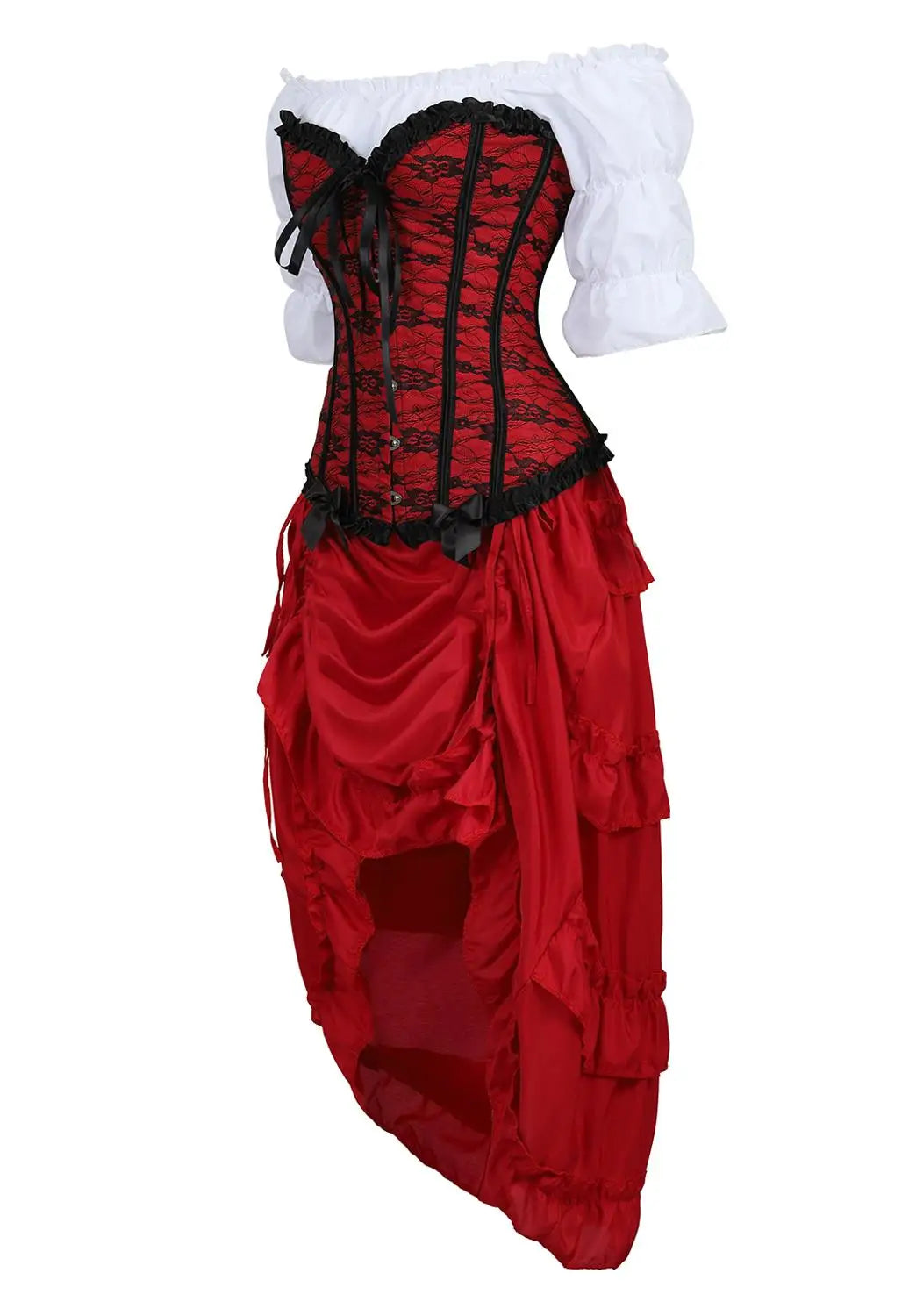 maoxiangshop - Corset 3 Piece Outfits for Women Steampunk Renaissance White Blouse Set Carnival Party Lace Up Boned Bustiers with Pirate Skirt