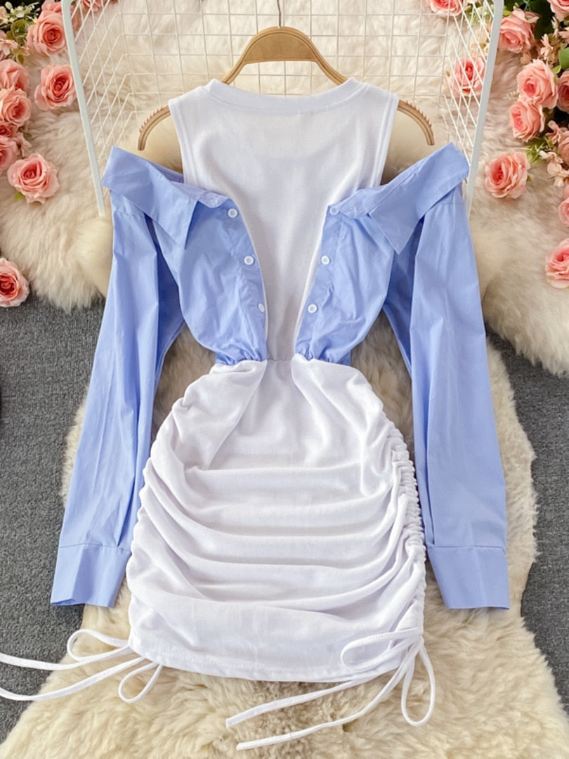 maoxiangshop Off Shoulder Shirt Patchwork Bodycon Mini Dress Women Fashion Streetwear O-neck Long Sleeve Slim Drawstring Ruched Party Dresses