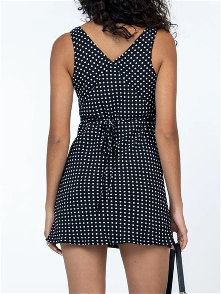 maoxiangshop Women Tank Dress Sleeveless Deep V Neck Dot Print Casual Club Party High Waist Drawstring Dress Female Vestidos Beach