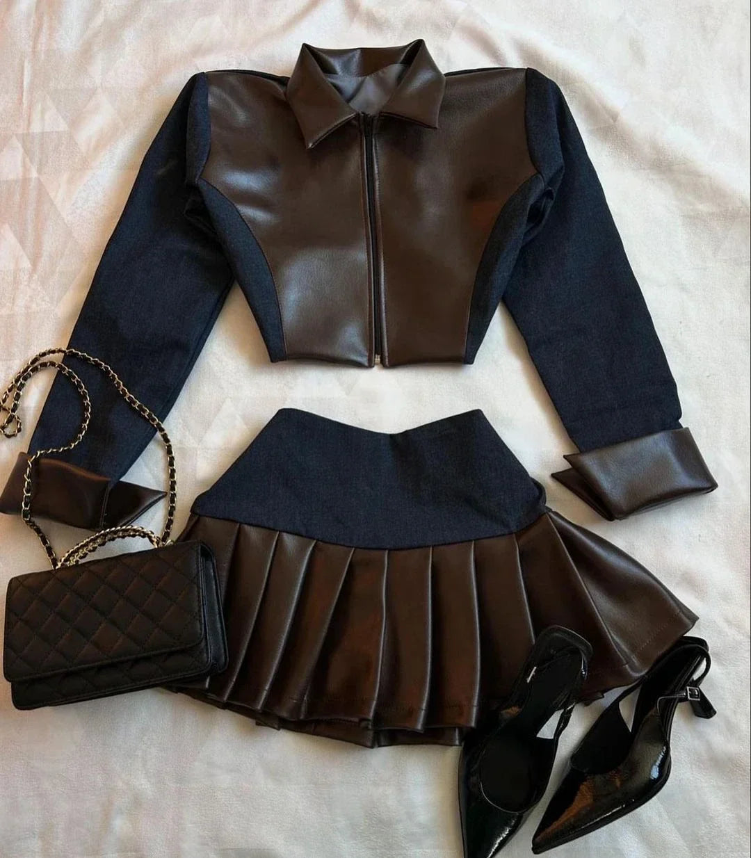 maoxiangshop - Y2K Harajuku Gothic Leather Jacket Casual Skirts Gothic Fashion Leather Patchwork Two Piece Clothing gothic Women Hot Sweetheart