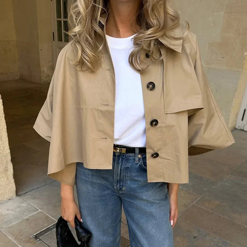 maoxiangshop - Khaki Lapel Short Cape Jacket Women Casual Single Breasted Mid Length Sleeve Coat 2024 Autumn Lady Fashion Street Warm Outerwear