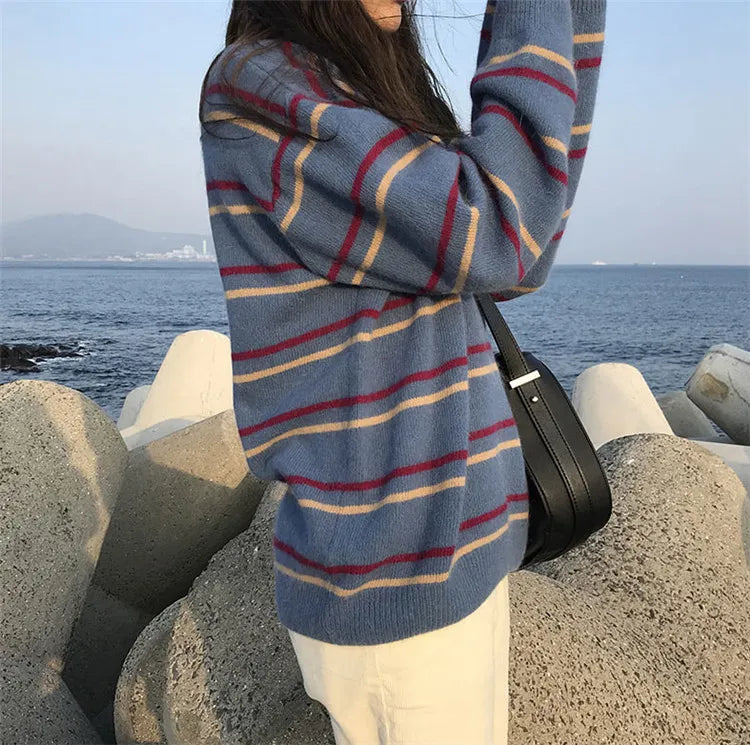 maoxiangshop Women Pullovers Crew-Neck Knitted Jumper New Student Striped Sweater Aesthetic Outfit