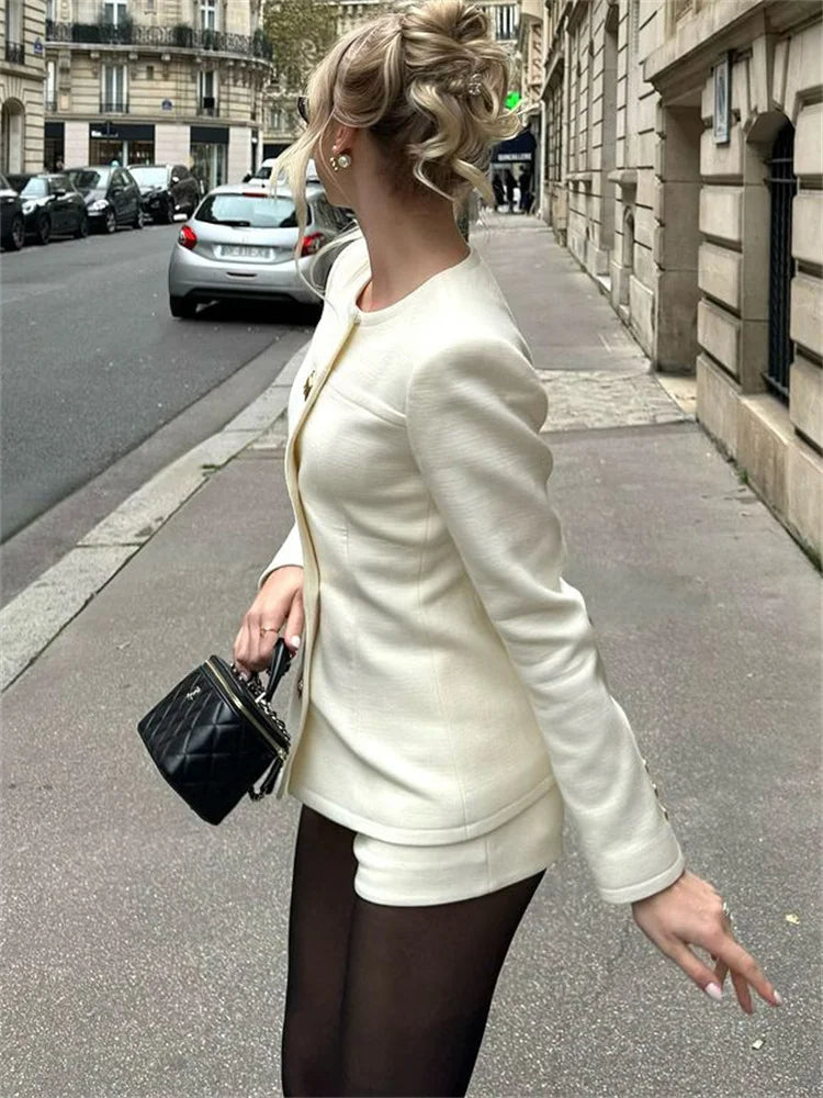 maoxiangshop - Luxury Female 2 Piece-Set Party Looks Cardigan And Pocket Patchwork Shorts Sets Autumn Solid Long Sleeve Outwear Outfits