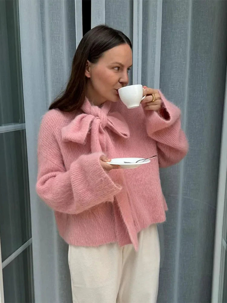maoxiangshop - Elegant Knitted Pink Bow Lace Up Scarf Collar Sweater Fashion Sweet Girl Long Sleeves Pullover 2024 Autumn Chic Street Jumper