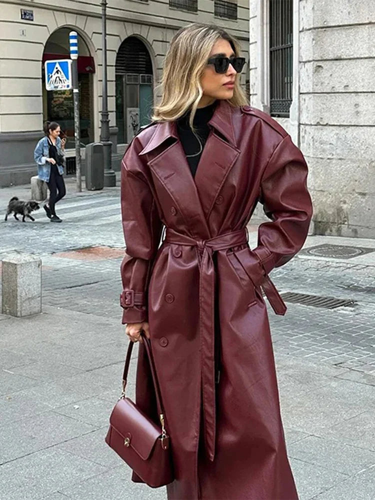 maoxiangshop - Fashion Retro Wine Red Long Women's Coat Turndown Collar Double Breasted Coats with Belt Vintage Windproof Winter Overcoat