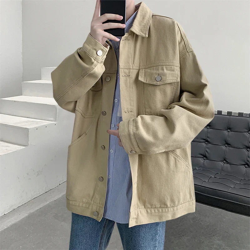 maoxiangshop New Steetwear Red Mens Jean Jackets Turn Down Collar Multi-pockets Denim Coats Overalls Loose Casual Men Clothing Outwear