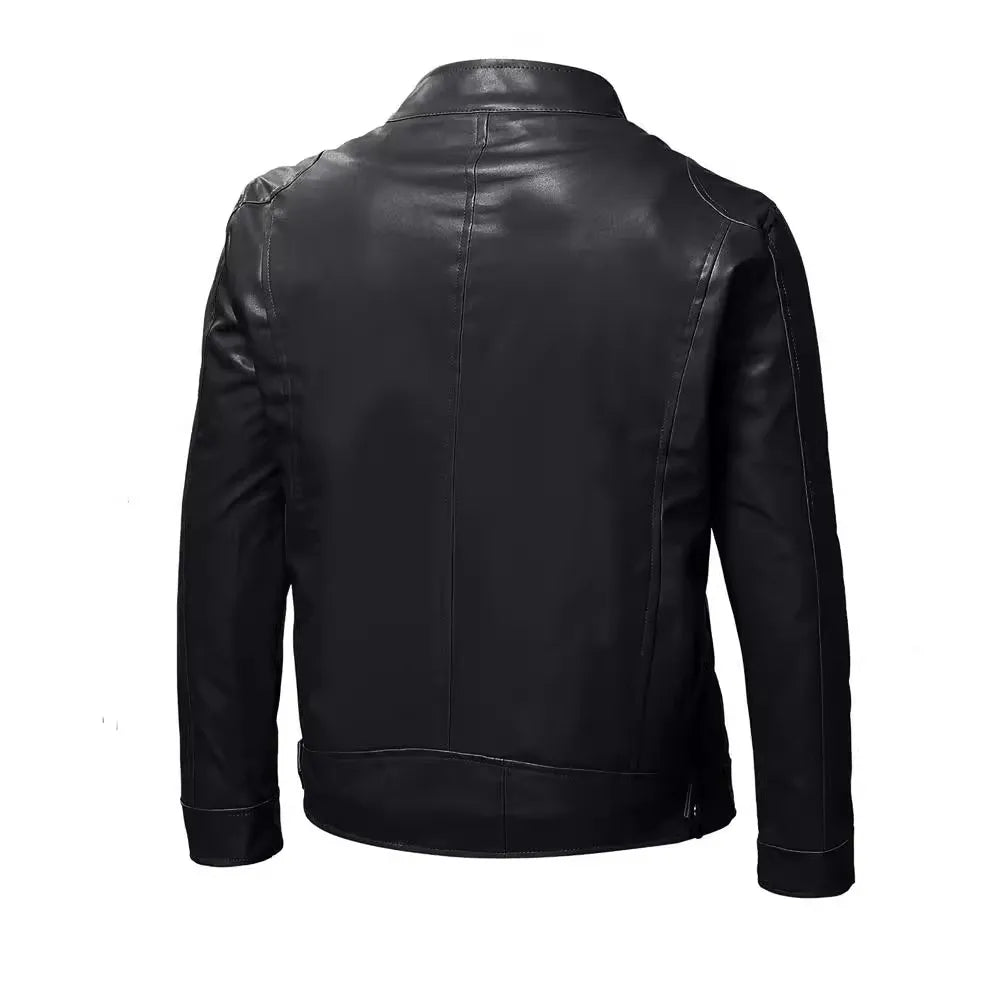 maoxiangshop Autumn Mens Stand Collar Jacket Coat Black Leather Motorcycle Jacket Solid Color Zipper Streetwear Winter Warm Biker Jacket Men