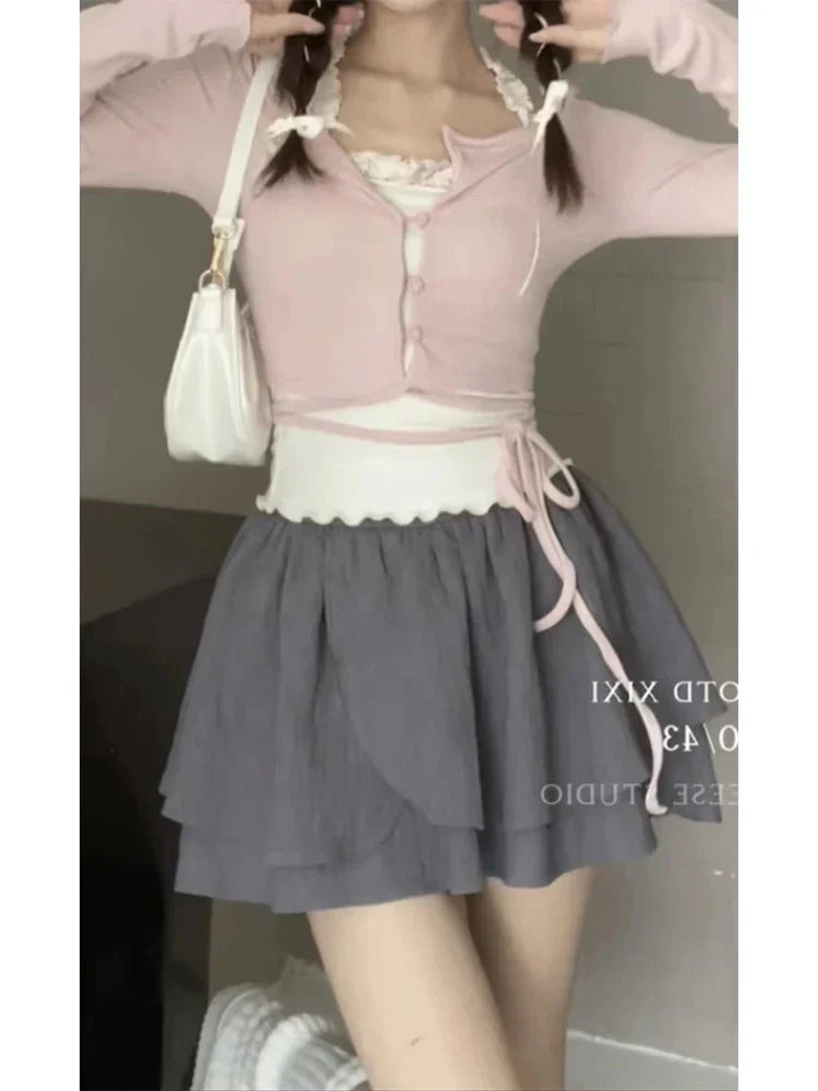 maoxiangshopFashion Elegant Preppy Style 2 Piece Skirt Set Fake Two Pieces V-Neck Crop Top + Elastic Waist Mini A-line Skirt Y2K Streetwear