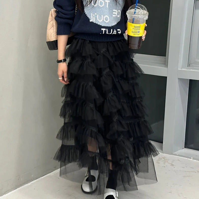 maoxiangshop - Maxi Long Tulle White Skirts for Women Gothic Patchwork Ruffles Skirt Casual Party Fairycore Summer Jupe Longue Falda Mujer