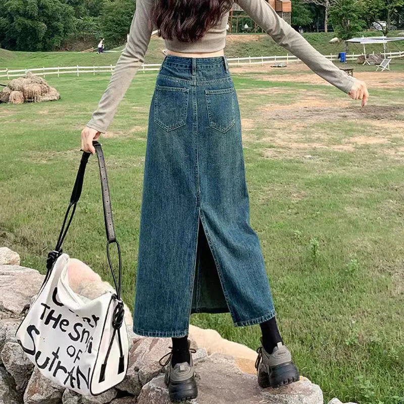 Lucyever Split Denim Skirt for Women 2024 Spring Summer New Y2K High Waist Long Skirt Female Vintage Blue A-Line Jean Skirts