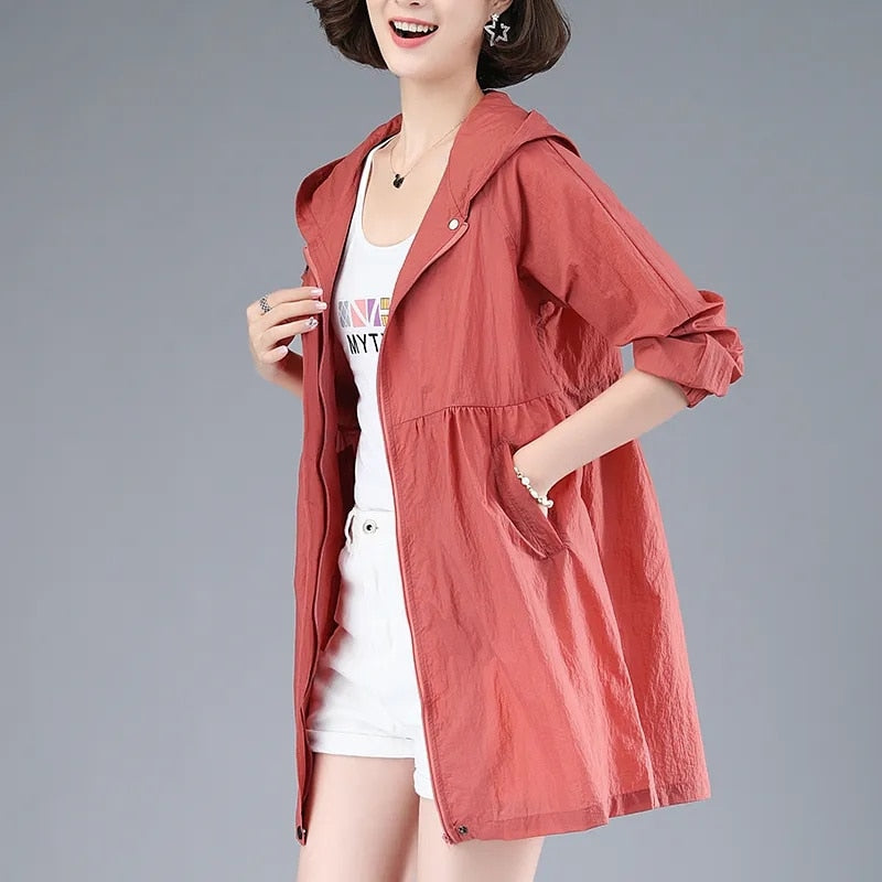maoxiangshop New Summer Medium Long Sun Protection Clothing Female Thin Jacket Loose Hooded Coat Sun Protection Windbreaker Women