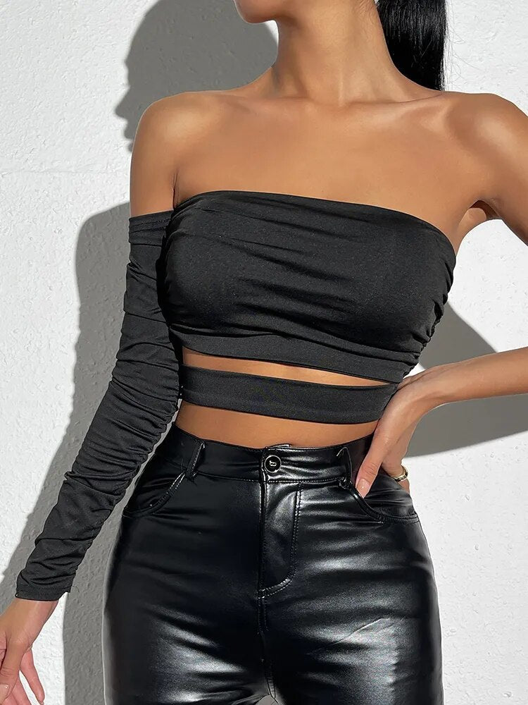 maoxiangshop Off Shoulder Sexy Short T-Shirt Long Sleeve Ruched Crop Tops Women Nightclub Streetwear Party Shirt All Black