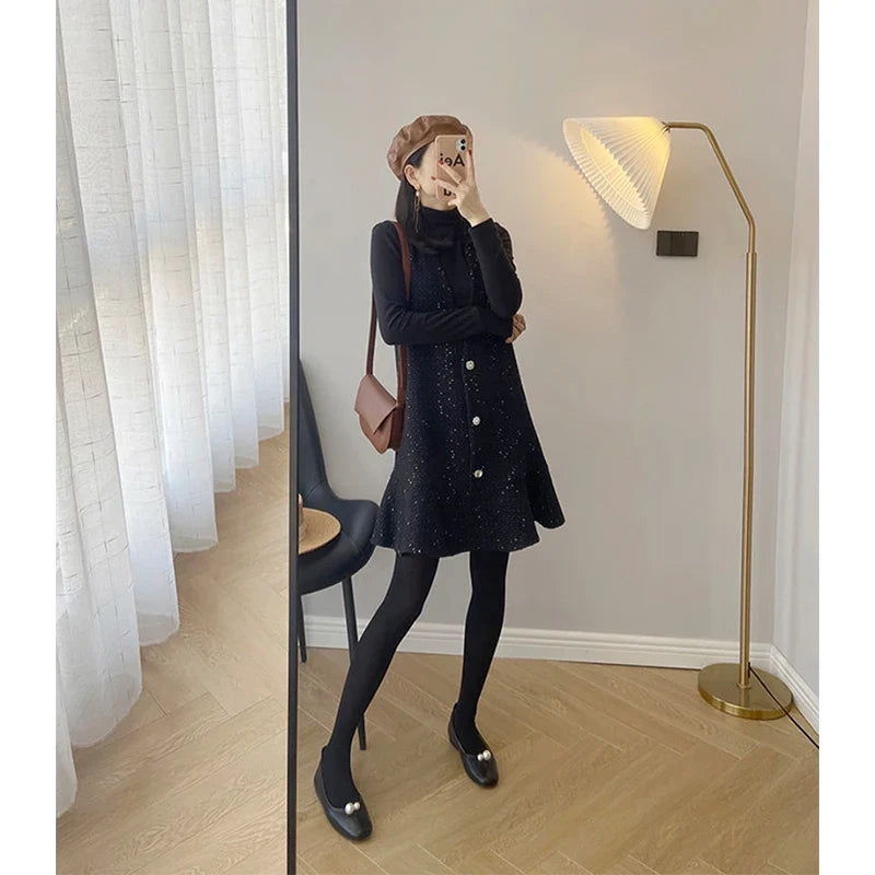 Vintage Tweed Mini Dress Women Elegant Ruffles V Neck One Pieces Dresses Winter Black Sundress Korean Sleeveless Vestidos