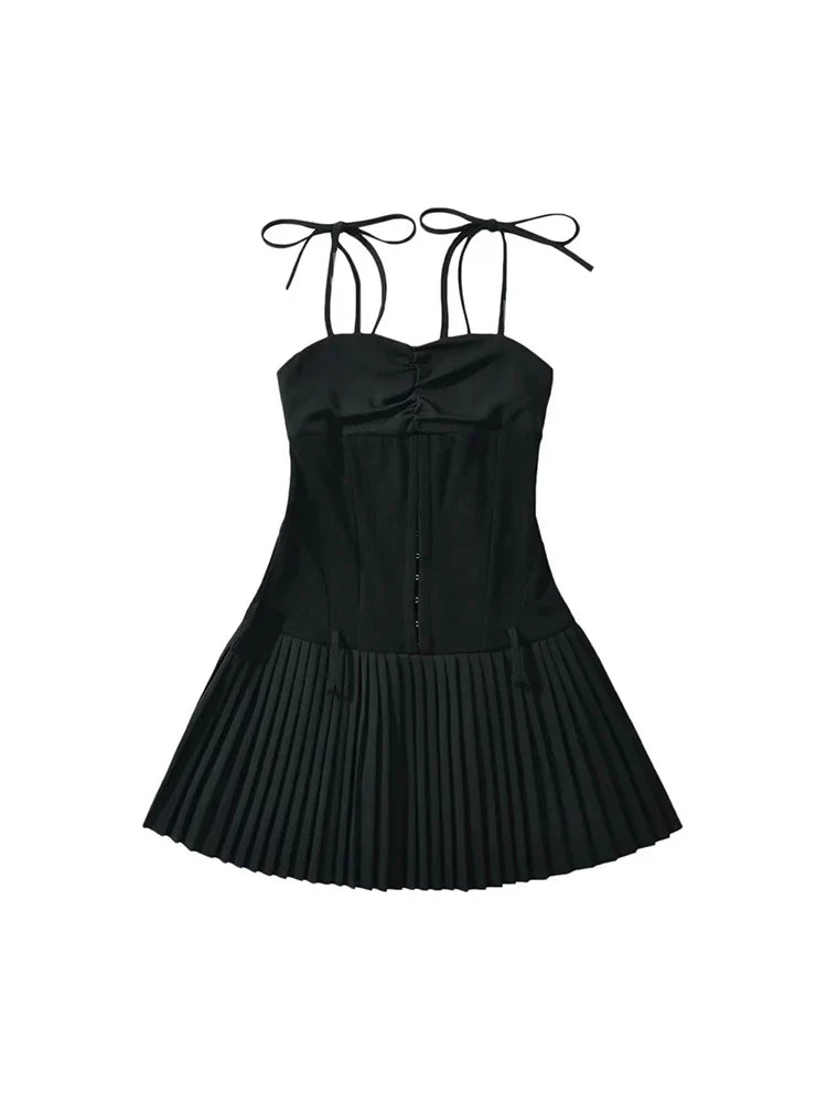 maoxiangshop - Summer Girls Cute Black Sling Waistband Short Dress Young Lady Spring New Fashion Patchwork Yellow Pleated Mini Dresses