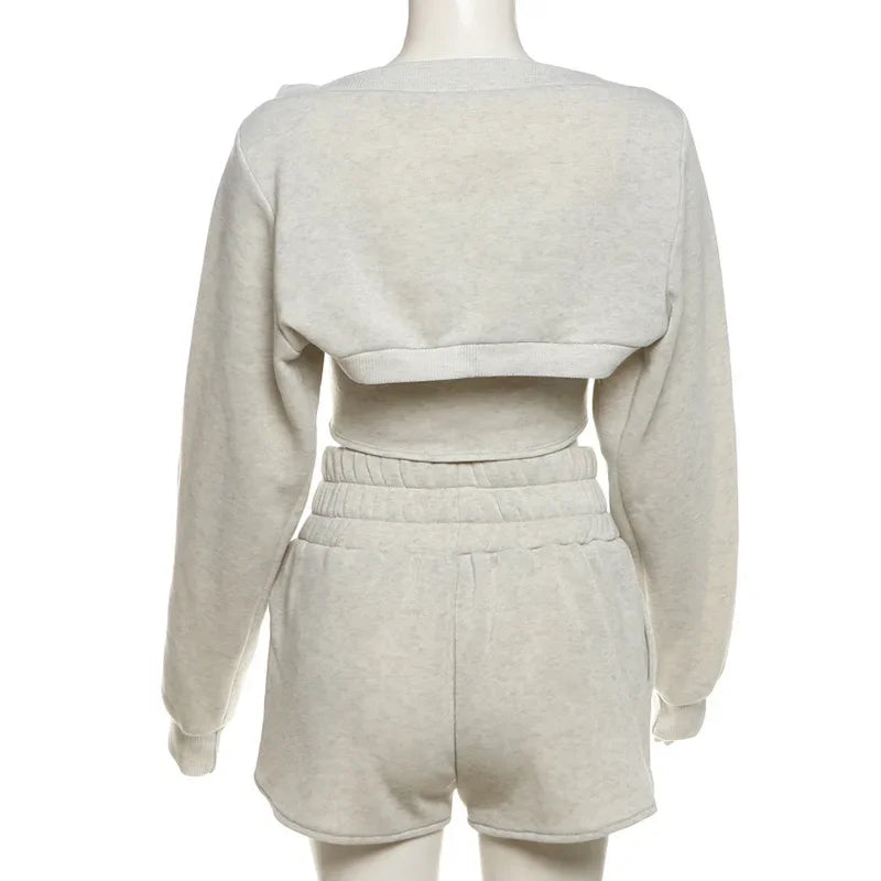 maoxiangshop - 2024 Fall Winter Women Solid Sweatsuits 3 Piece Set Strapless Tanks Top + Long Sleeve Cardigans + Shorts Casual Streetwear Suits