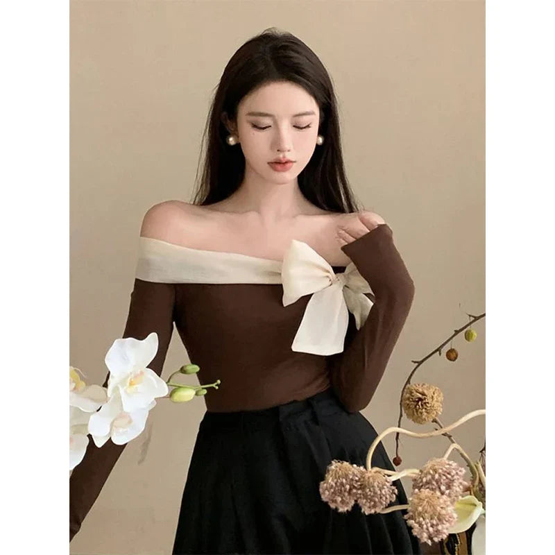 French Elegant Sweater Women Sexy Off Shoulder Bow Slash Neck Pullovers Ladies Y2K Korean Stretch Slim Long Sleeve Tops