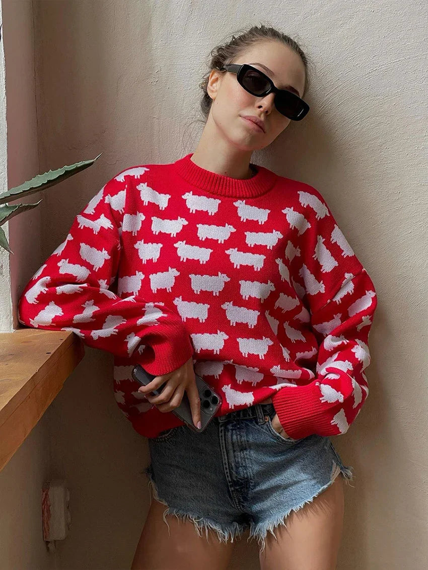maoxiangshop - Elegant Women Sheep Printing Sweater Warm Knitted Classic O-Neck Pullover Tops Autumn Winter 2024 Streetwear Sweater