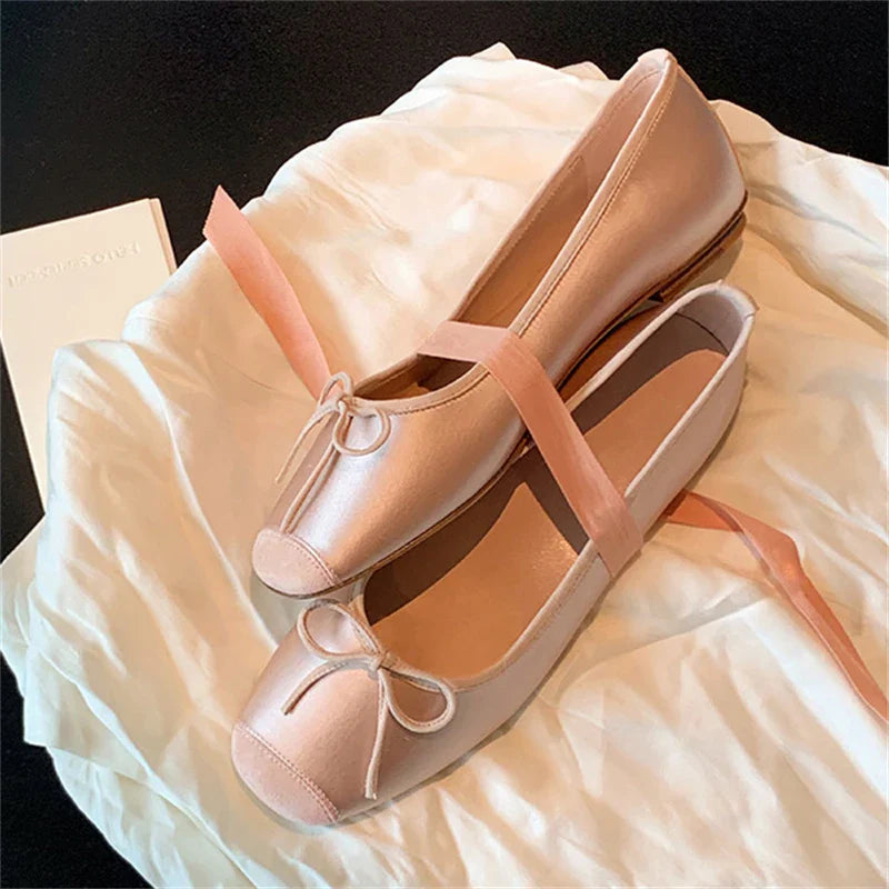 maoxiangshop - Fashion Elegant Silk Ballerinas Women Pumps Slip on Loafers Round Toe Square Heels Bowknot Casual Spring Autumn Shoes