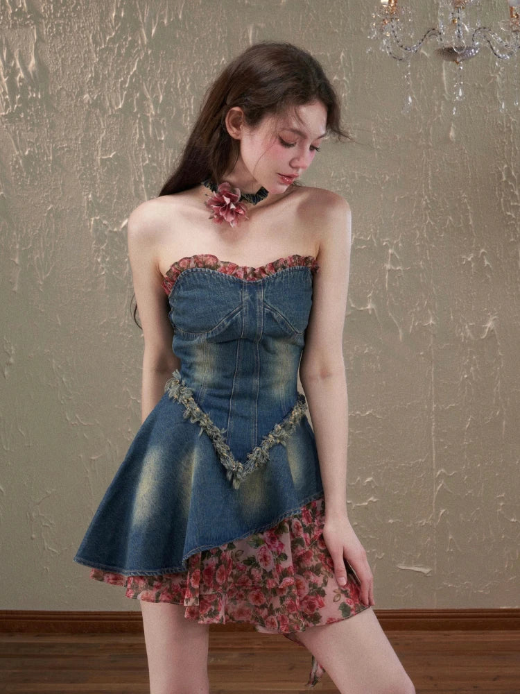 Summer Vintage Denim Dress Women Casual Patchwork Floral Party Mini Dress Female Korean Fashion Designer elegant Slim Dress
