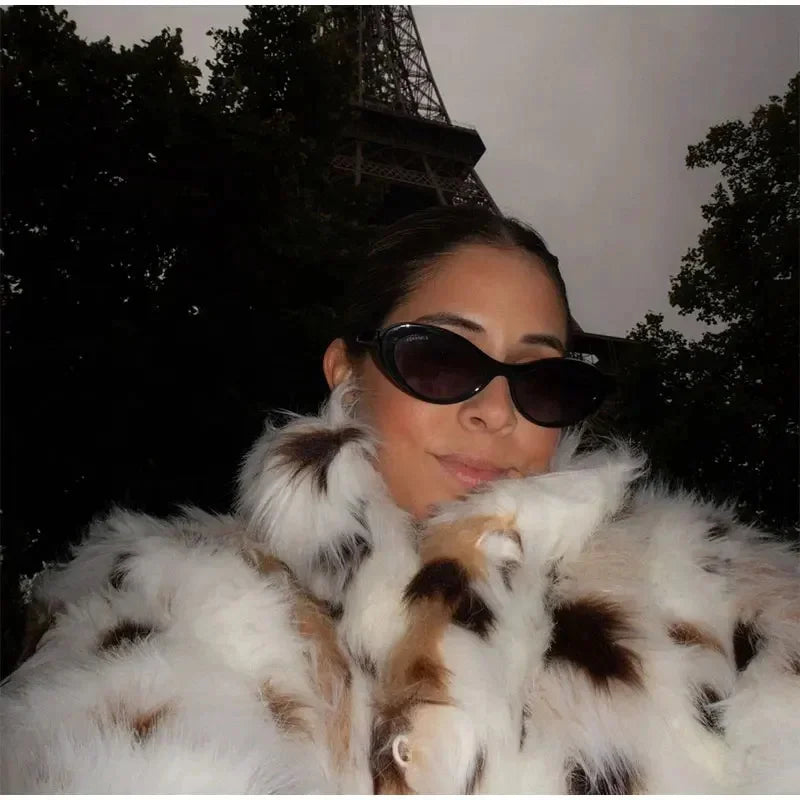 maoxiangshop - Dot Leopard Contrast Stand Collar Faux Fur Coat Women Warm Commute Long Sleeve Fluffy Plush Jacket Autumn High Street Outerwear