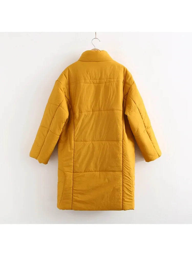 Long Parkas Jacket For Women Yellow Solid Cartoon Embridery Pocket Coat Winter Sleeve Single-breasted Warm Outwear