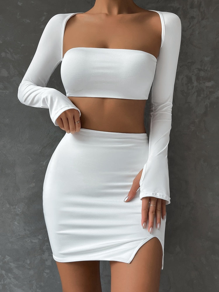 maoxiangshop 2 PCS Sexy White Mini Dress Set Long Sleeve Top Summer Skirts Suits Bodycon Women Party Short Split Dress Suit
