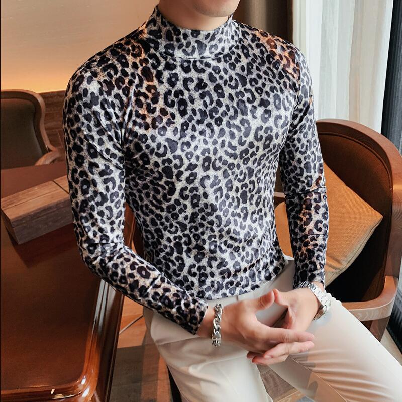 maoxiangshop Flannel T-shirt Winter Men High Collar Pullover Fashion Leopard Slim Fit T-shirt Long Sleeved Velvet Casual Bottoming Shirt