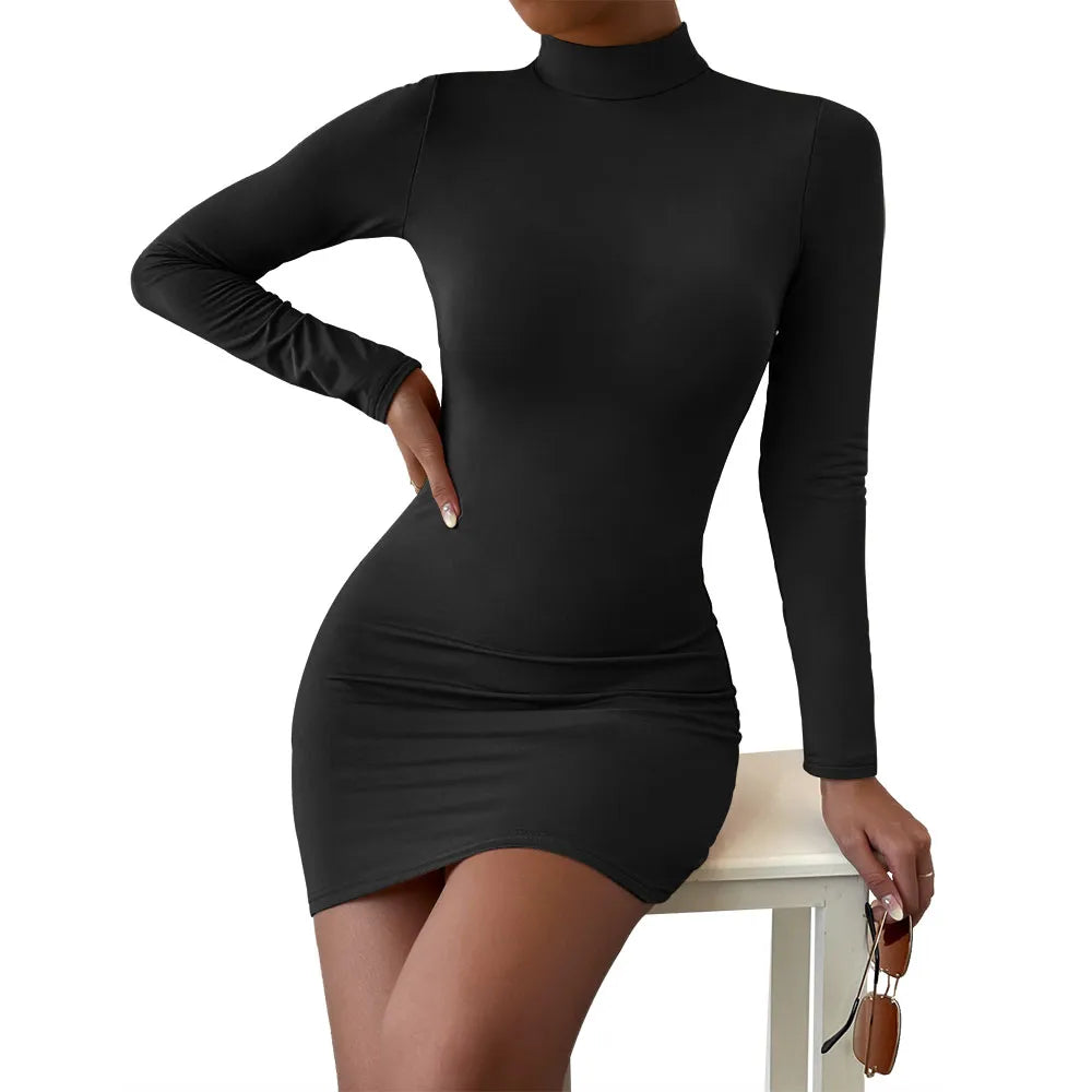 maoxiangshop New Arrival Turtleneck Long Sleeve Skinny Mini Dress Sexy Skirt Dresses Women Elegant Chest Slim Pleated Dress