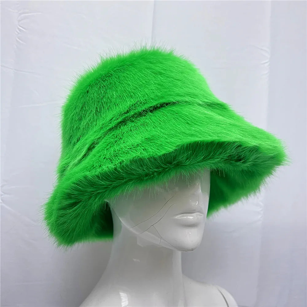 maoxiangshop - Luxury Ins Hot Y2k Girls Faux Fox Fur Bucket Hat Women Winter Warm Rabbit Fur Plush Fisherman Hat Cap Festival Party Ski Panama