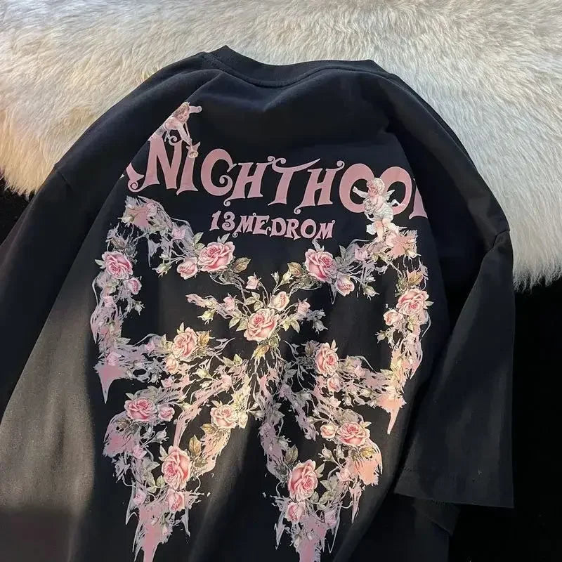 maoxiangshopAmerican Style Retro Loose Rose Butterfly Angel Printing Short Sleeve T-shirt for Men and Women Lovers Summer Loose Casual Top