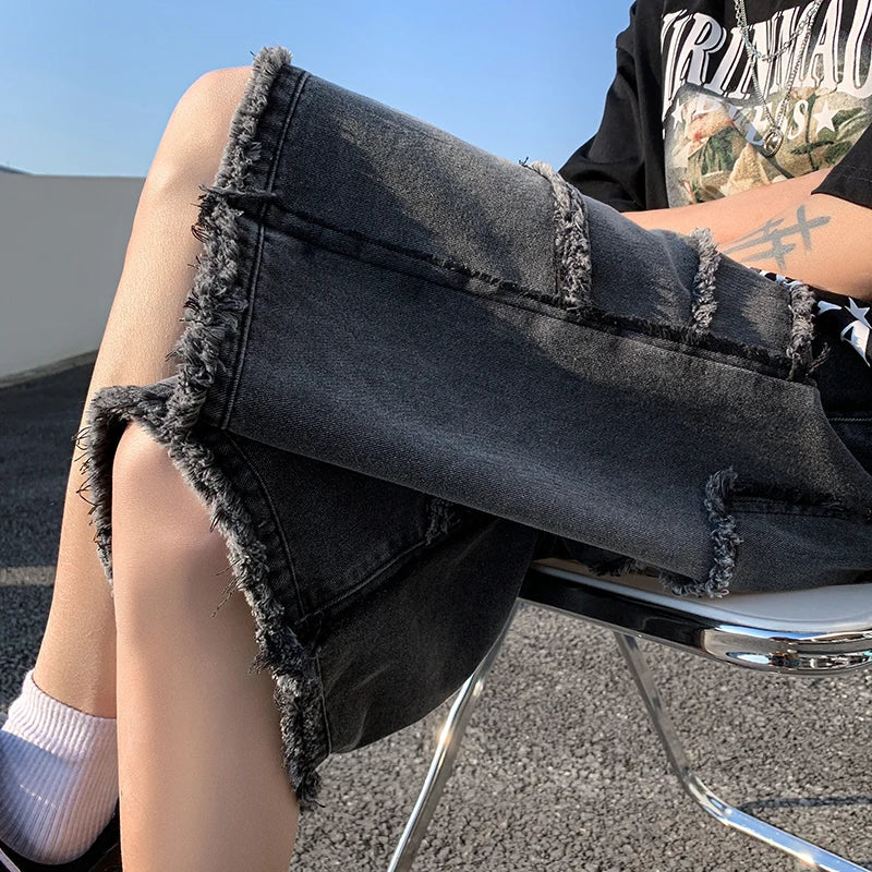 maoxiangshop American High Street Men's Wide Leg Denim Shorts Summer New Fashion Casual Baggy Short Jeans Male Chic Burrs Clothes