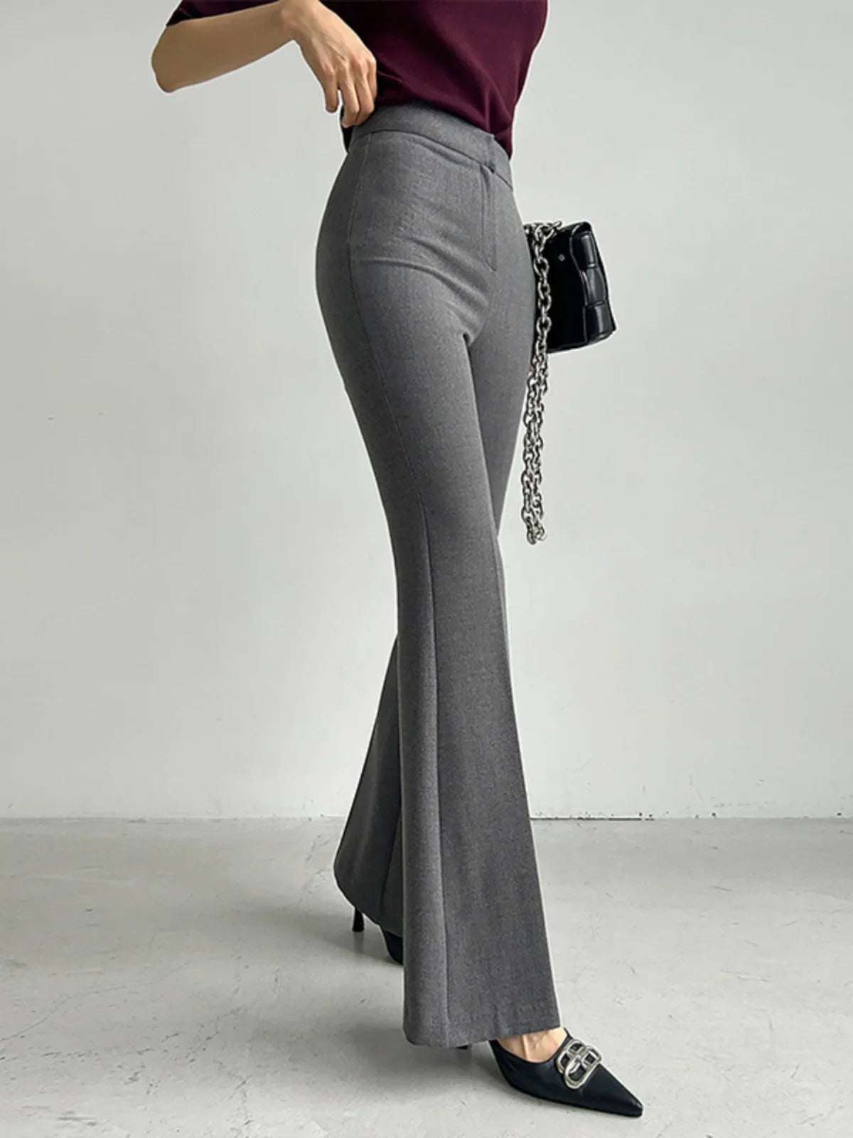 maoxiangshop - Elegant Women Grey Flare Suit Pants Loose 2024 Autumn Office Ladies Korean High Waist Pockets Casual Trousers