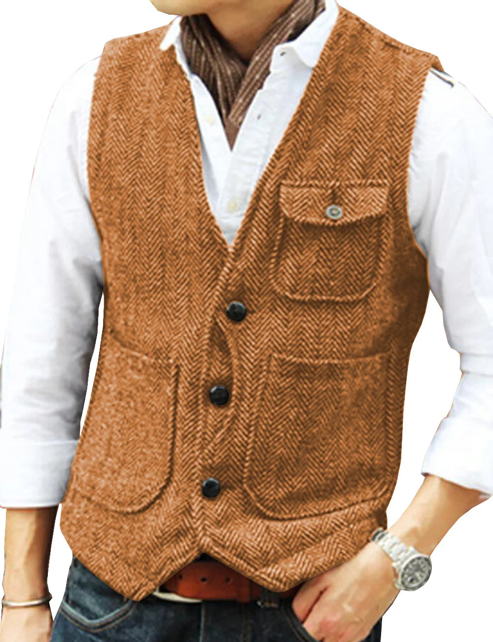 maoxiangshop Men's Vests Business Suit Vest Herringbone Tweed V Neck Formal Waistcoat For Wedding Suit Or Tuxedo Men Vest