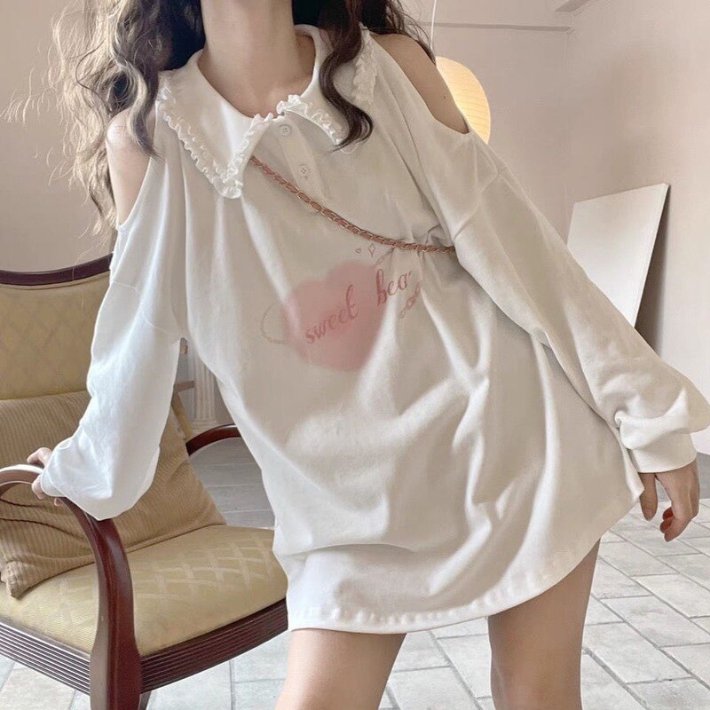 maoxiangshop HOUZHOU Kawaii White Hoodies Women Japanese Cute Heart Print Off-shoulder Long Sleeve Sweatshirt Soft Girl Korean Fashion Top