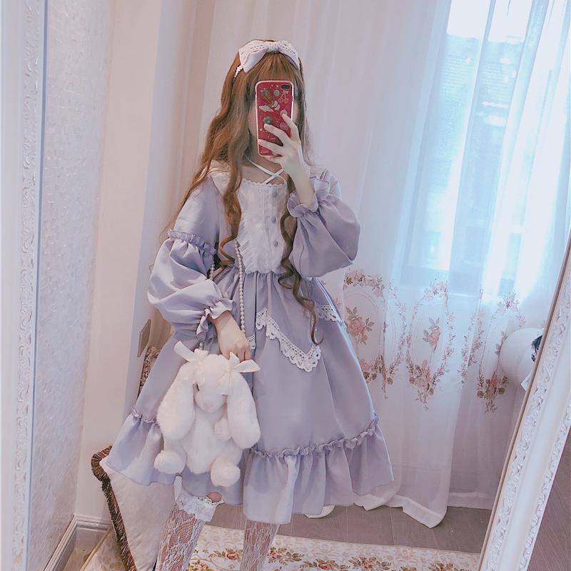 maoxiangshop In Wondeland Cute Women's Lolita OP Dress Flouncing Lace Trim Japanese Harajuku Long Sleeves Doll Dress Fairy Vestidos