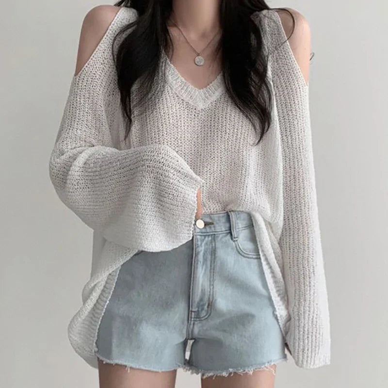 maoxiangshop-Women Hollow Out V-Neck Off Shoulder Sweater Loose Long Sleeve Knit Thin Jumpers Streetwear Tops For Women Fall Winter