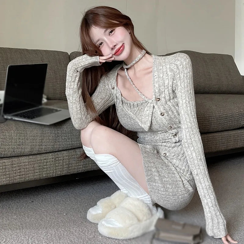 maoxiangshop Autumn And Winter Irregular Knit Dress For Women Sexy Fashion New Collar Show Slim Waist Dresses Ins