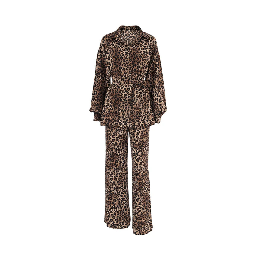 maoxiangshop - Leopard Street Pants Suits Women Oversize Printing Shirts And Wide Legs Pants Ladies Casual Sets Autumn 2024 Chic