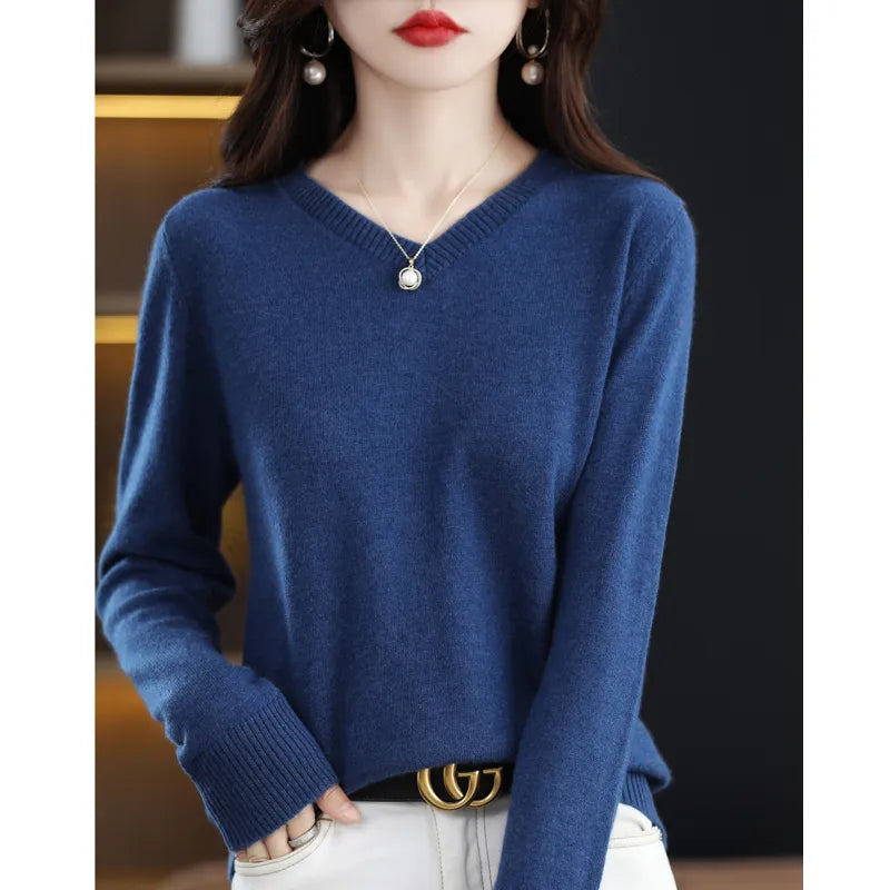 maoxiangshop Cashmere Sweater Women's Knitting Sweater 100% Pure Merino Wool Winter Fashion Basic V-neck Chic Top Autumn Warm Pullover