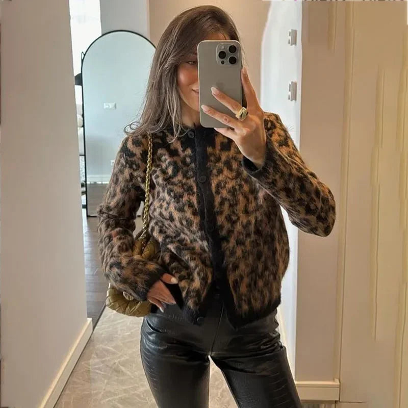 maoxiangshop - Fashion Lepard Knitted Sweater Cardigan For Women Loose Casual Long Sleeve Retro Single Breatted Sweater Autumn Outwear