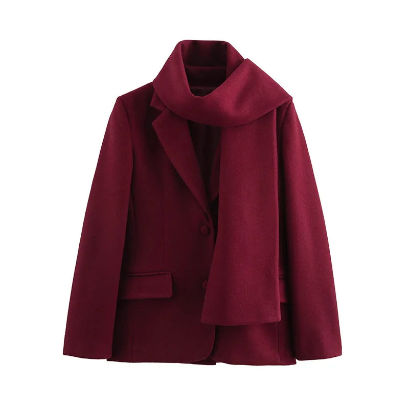 maoxiangshop - cold weather outfuts Wine Red Woolen Coat Women Fashion Lapel With Scarf Long Sleeve Female Coats 2024 Winter Single-breasted Loose Lady Outwear