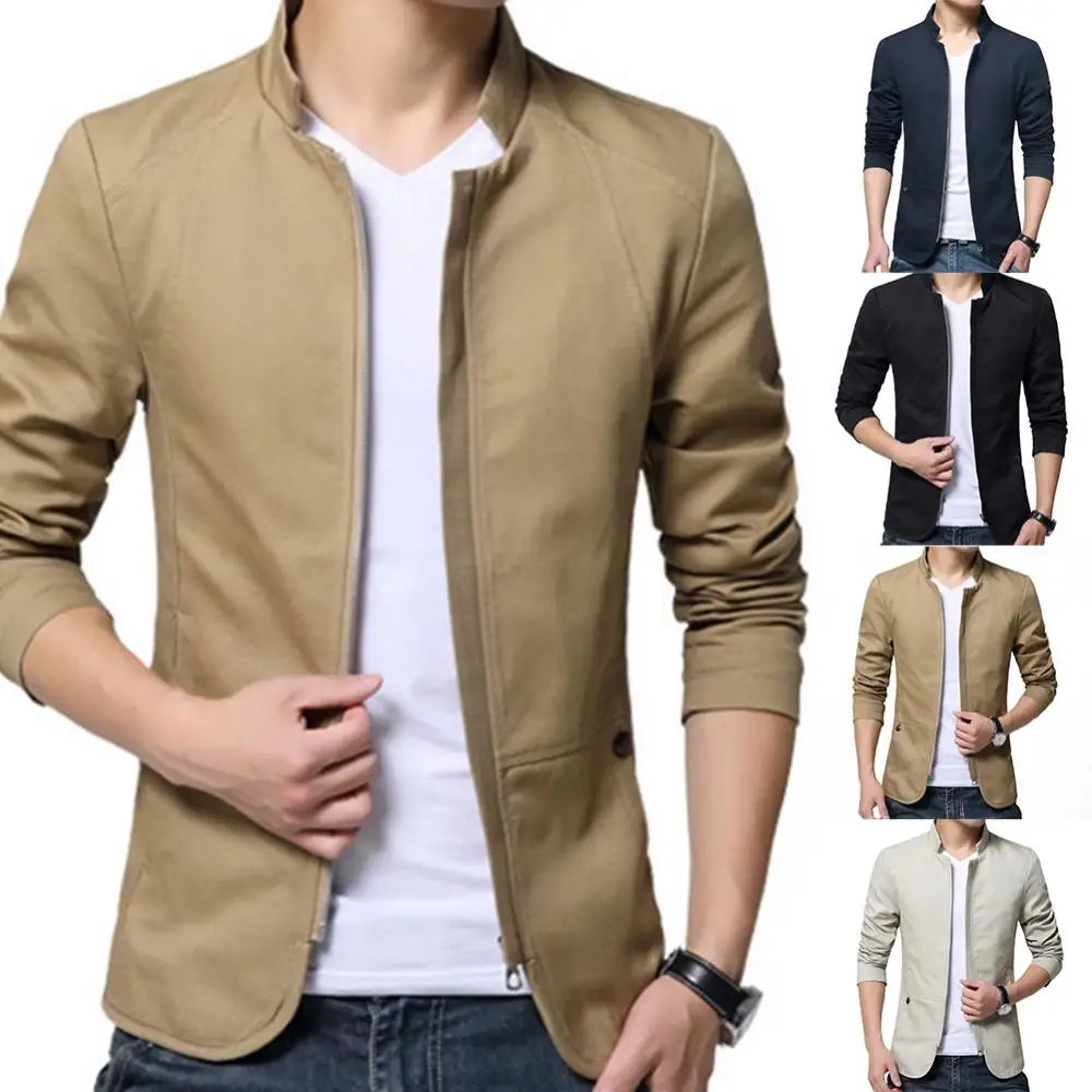 maoxiangshop Casual Men Blazer Spring Autumn Stylish Business Casual Jacket Solid Color Stand Collar Zipper Pockets Thin Slim Blazer Coat