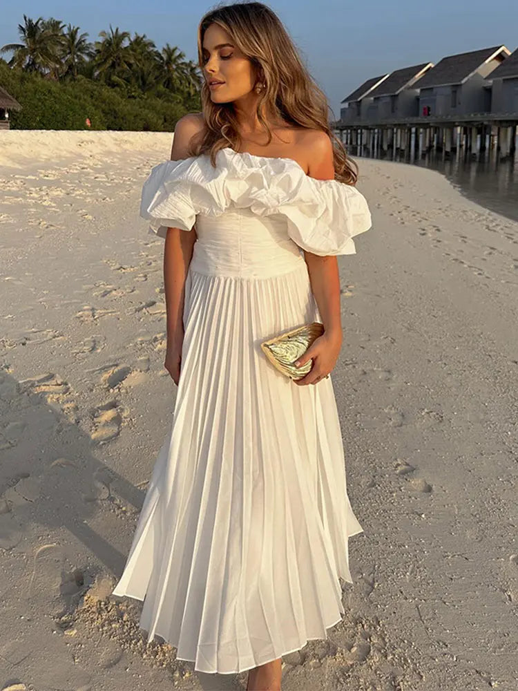 maoxiangshop - Sexy Solid Off Shoulder Pleated Maxi Dress For Women Chic Slim Fit Short Sleeve Robes Autumn Winter Party Ladies Dresses