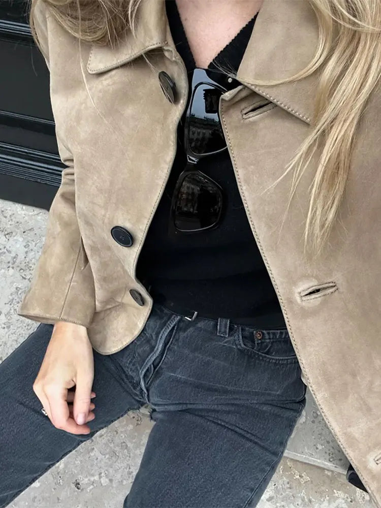 maoxiangshop - Autumn Chic Lapel Long Sleeve Cropped Coats Chic Single Breasted Solid Lady Leather Jacket Female High Street Outercoat Tops