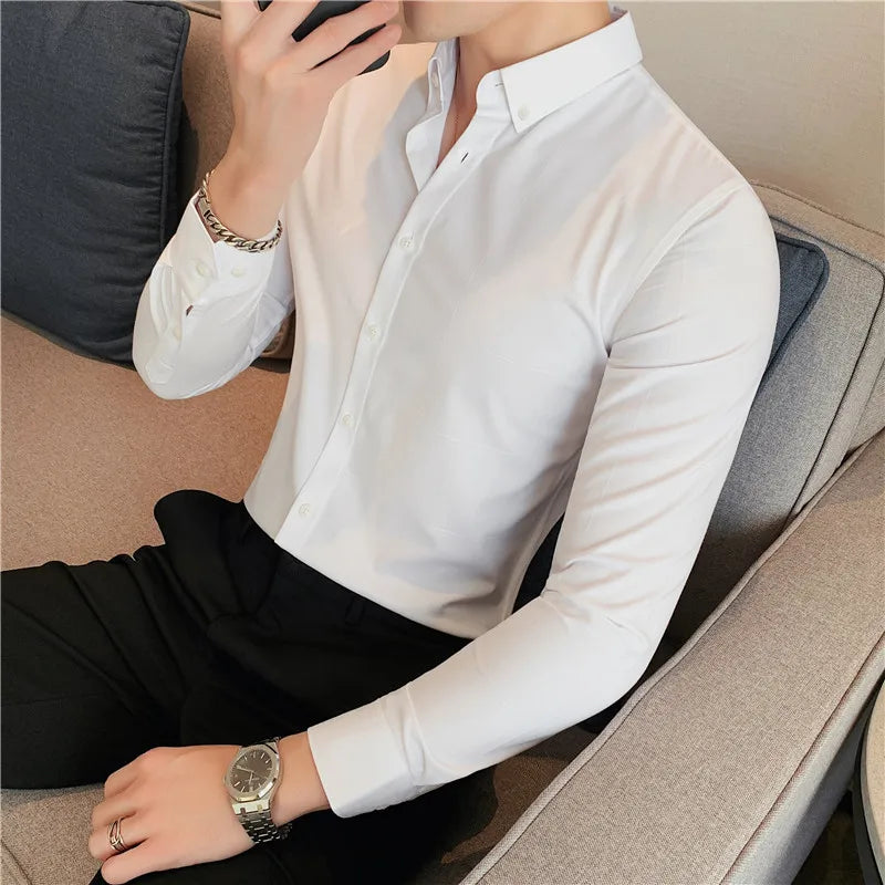 maoxiangshop British Style Men Long Sleeved Shirt Autumn Anti-wrinkle Soft Solid Casual Elastic Slim Fit Camisas Y Blusas Men Clothing