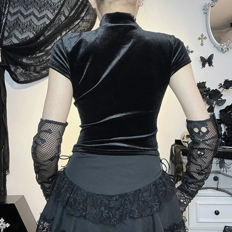 maoxiangshop-Goth Dark Cross Sheer Mall Gothic Women T-shirts Grunge Aesthetic Punk Sexy Emo Black Top Streetwear Fashion Alternative Clothes