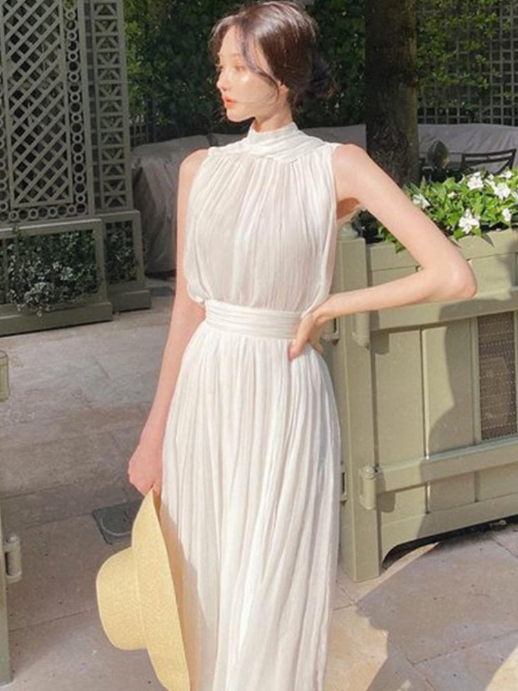 maoxiangshop Summer White France Vintage Dress Women Chiffon Elegant Evening Party Long Dress Ladies Casual Korean Style One-piece Dress